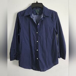 Lauren Ralph Lauren Navy Blue & White Polka Dot 3/4 Sleeve Blouse Shirt Medium